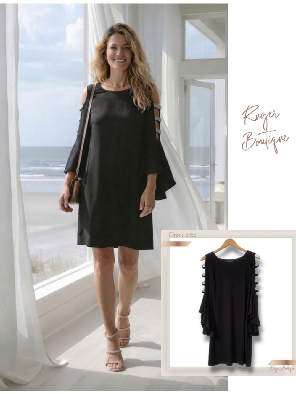 🌿Prelude Women's Med Black Mini Dress Bejeweled Rhinestone Cutout Edgy Classy